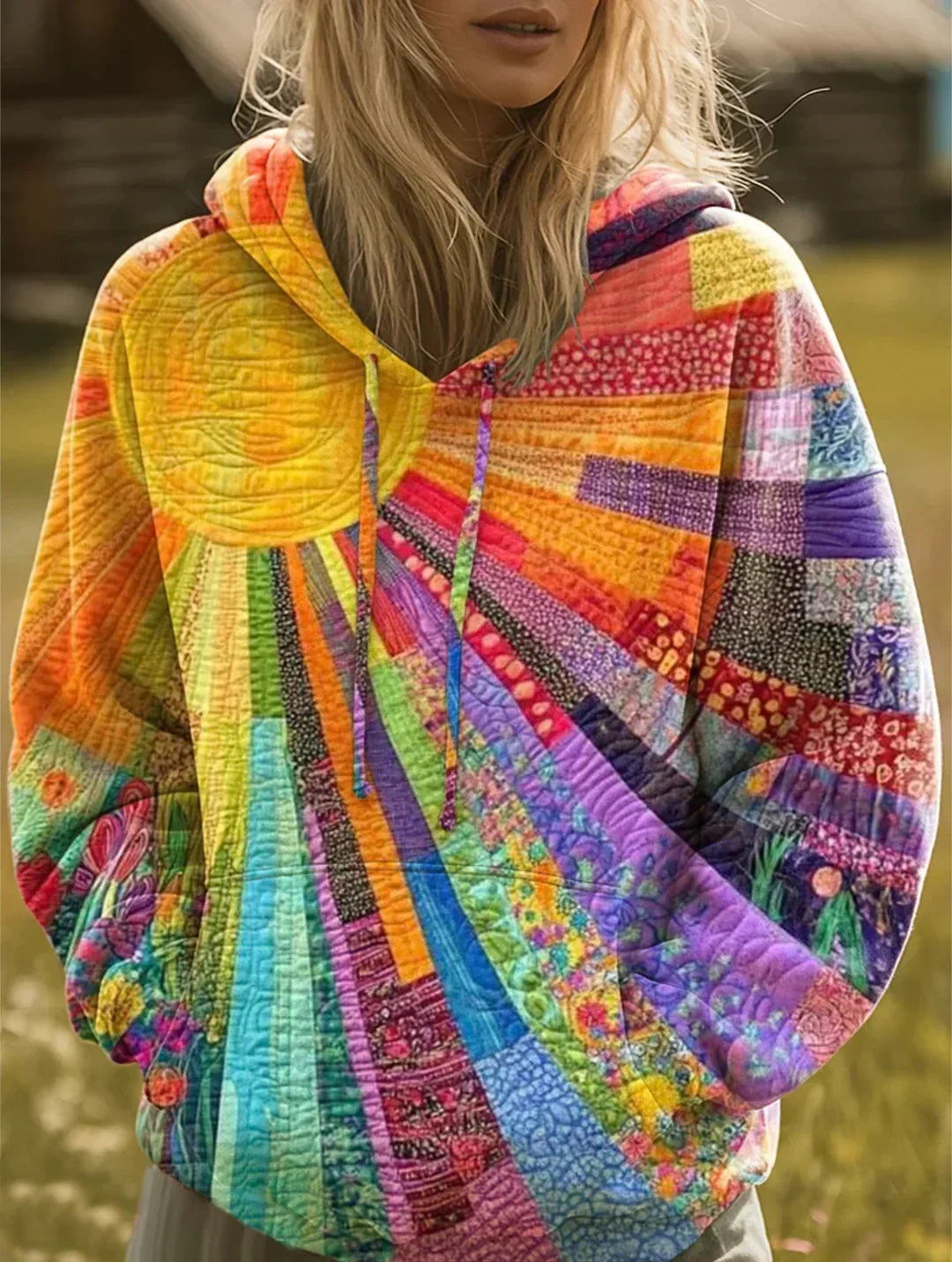 Women's patchwork hoodie in multicolour, oversized multicolour pullover
