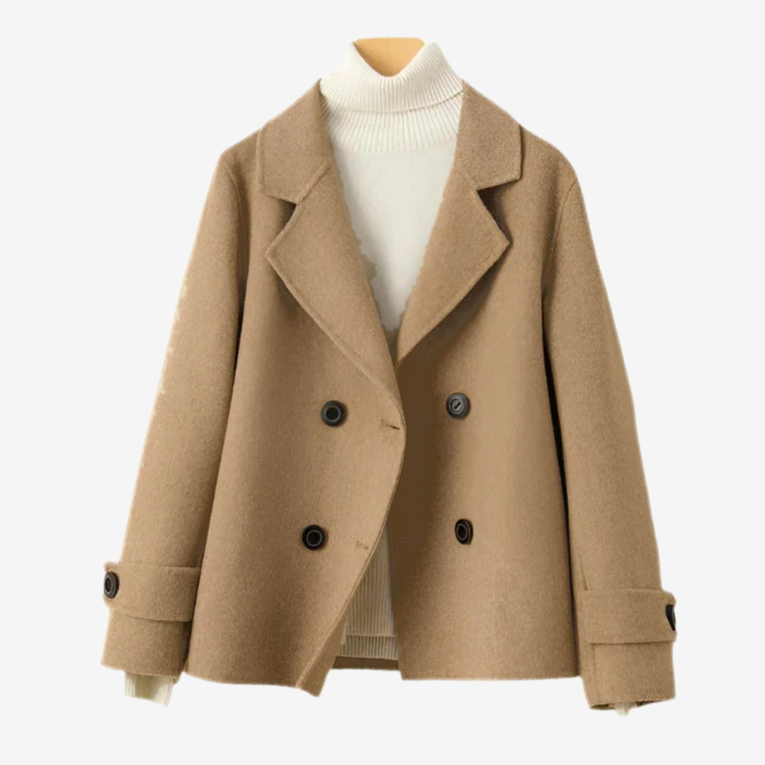 Women's pea coat in camel, cropped double breasted with notch lapels