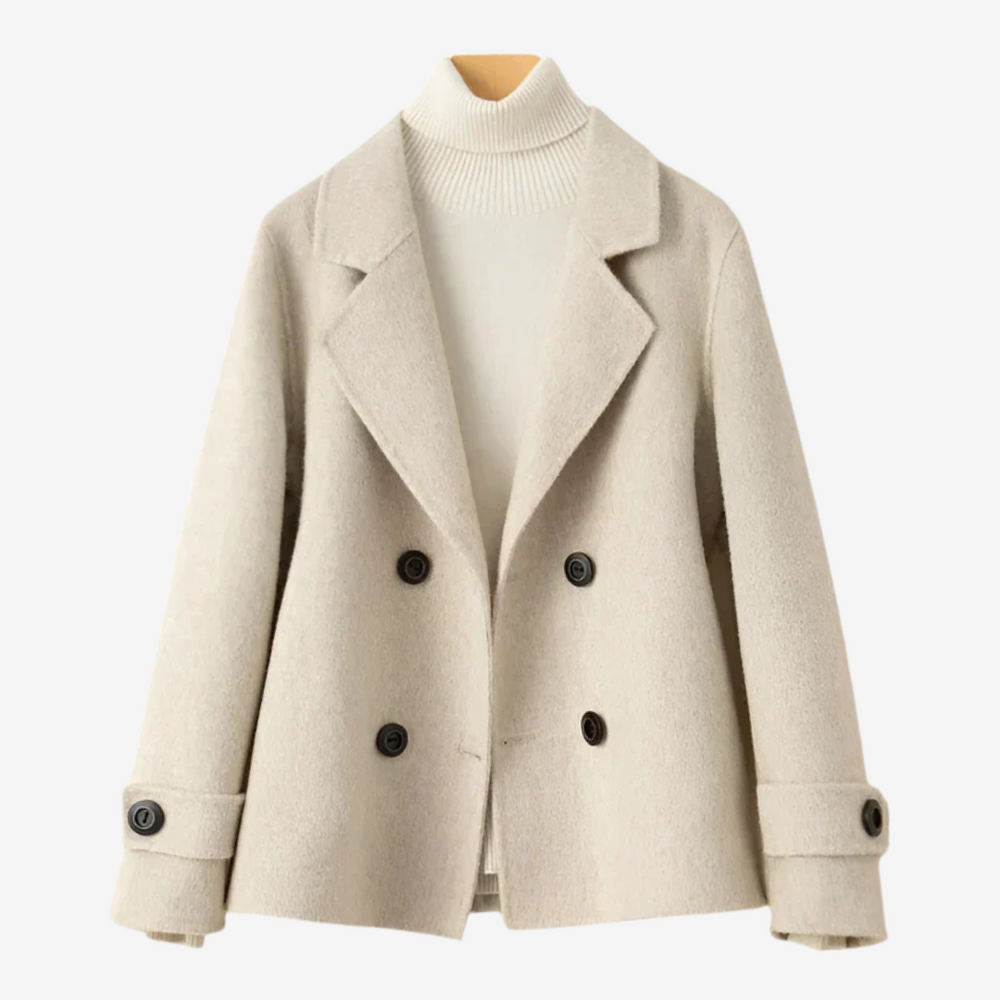 Cream cropped pea coat front view with four dark buttons