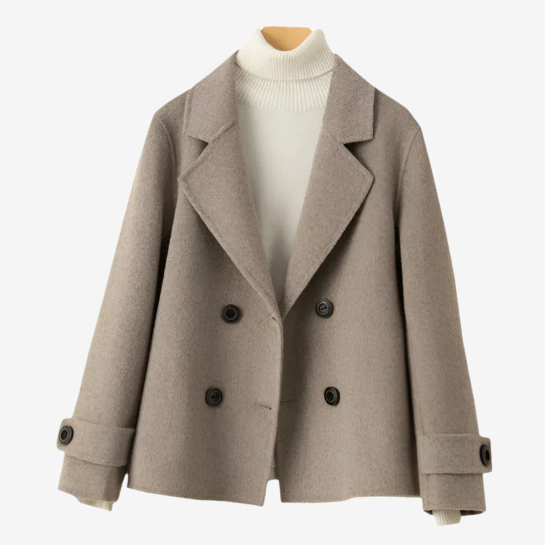 Taupe cropped pea coat front view with wide notch lapels