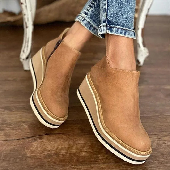 Women's platform wedge ankle boots in tan with side zip and round toe