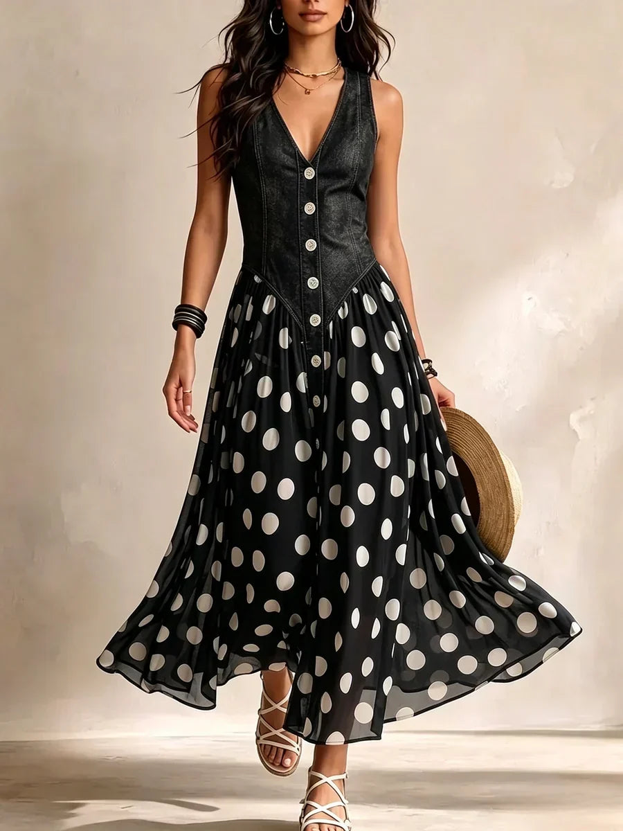 Front view of the black polka dot maxi dress