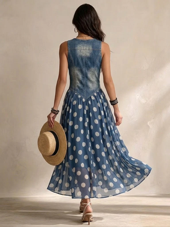 Back view of the blue polka dot maxi dress