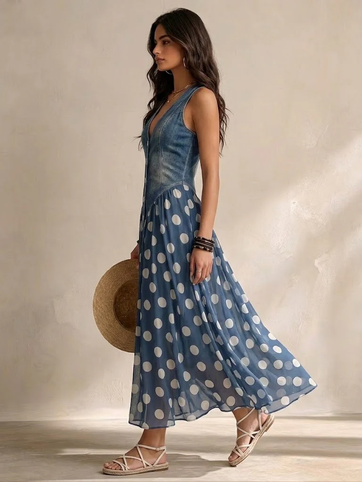 Side view of the blue polka dot maxi dress