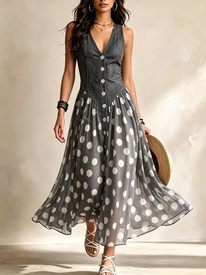 Front view of the grey polka dot maxi dress