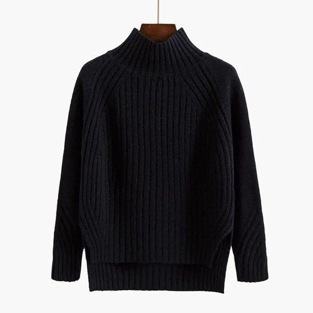 Women's polo neck jumper in black, ribbed with split hem and relaxed fit