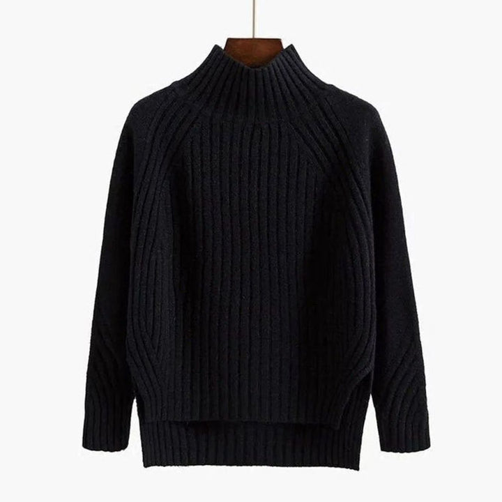 Women's polo neck jumper in black, ribbed with split hem and relaxed fit