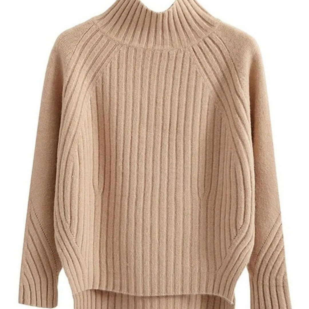 Camel ribbed jumper close up, relaxed body and long raglan sleeves