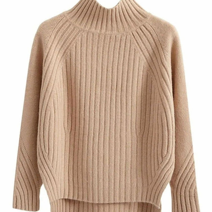 Camel ribbed jumper close up, relaxed body and long raglan sleeves