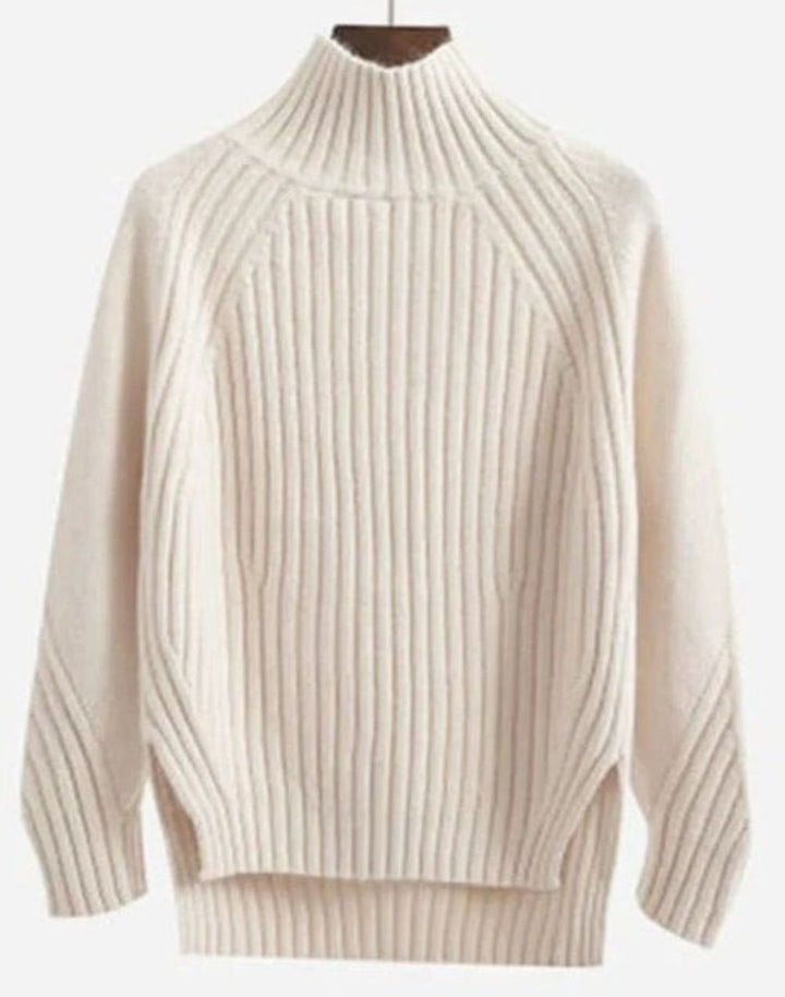 Cream polo neck jumper with short side splits at the hem
