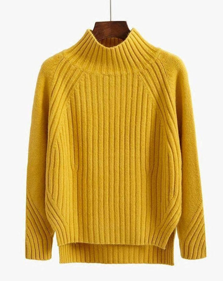Mustard polo neck jumper with vertical ribs and a stepped hem