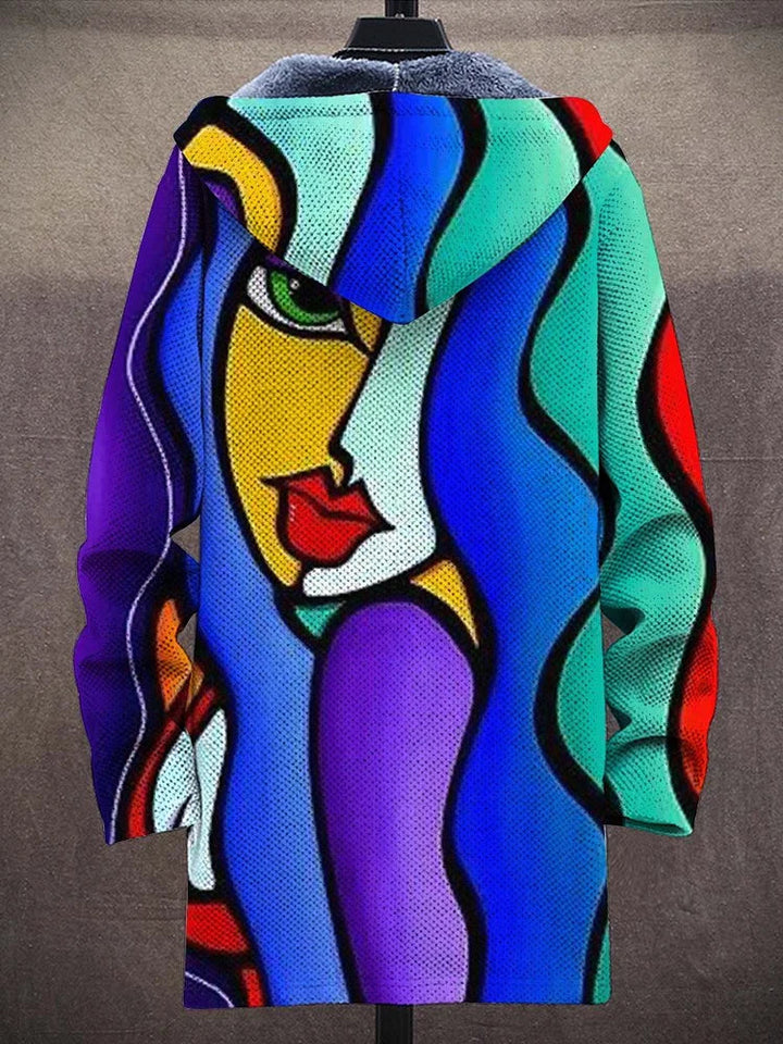 Back view showing the full portrait with red lips running up into the hood