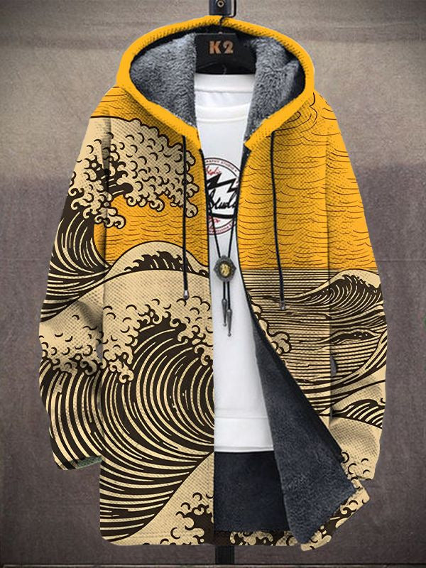 Women's print hoodie in mustard with a Japanese style ocean wave and grey fleece lining