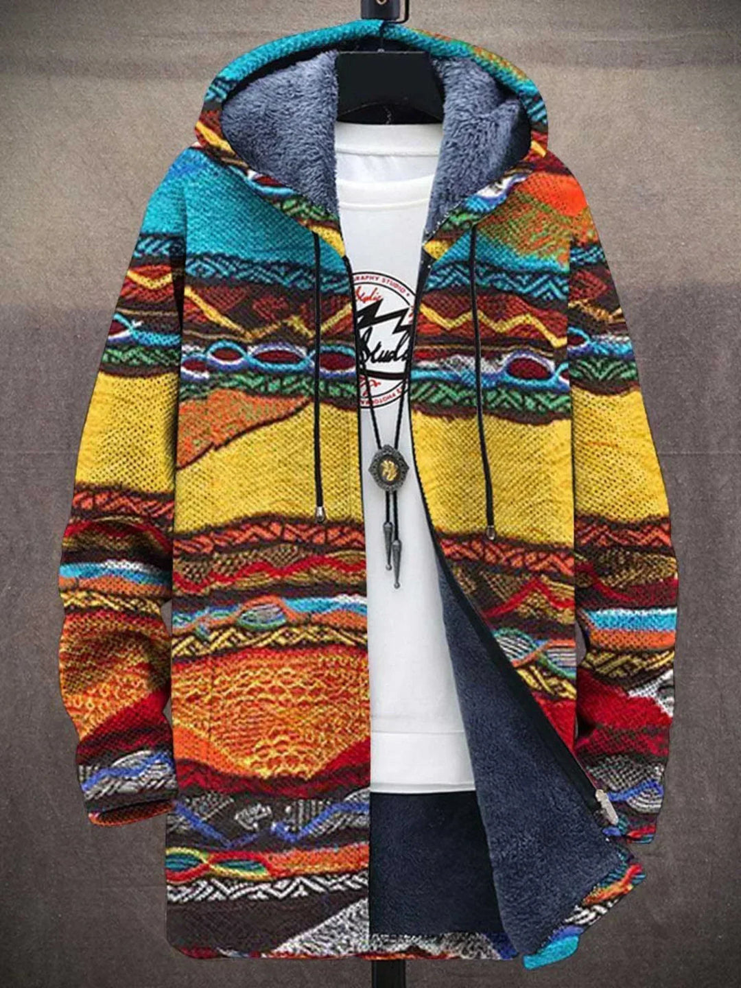 Retro stripe version with woven style bands in yellow, red and turquoise