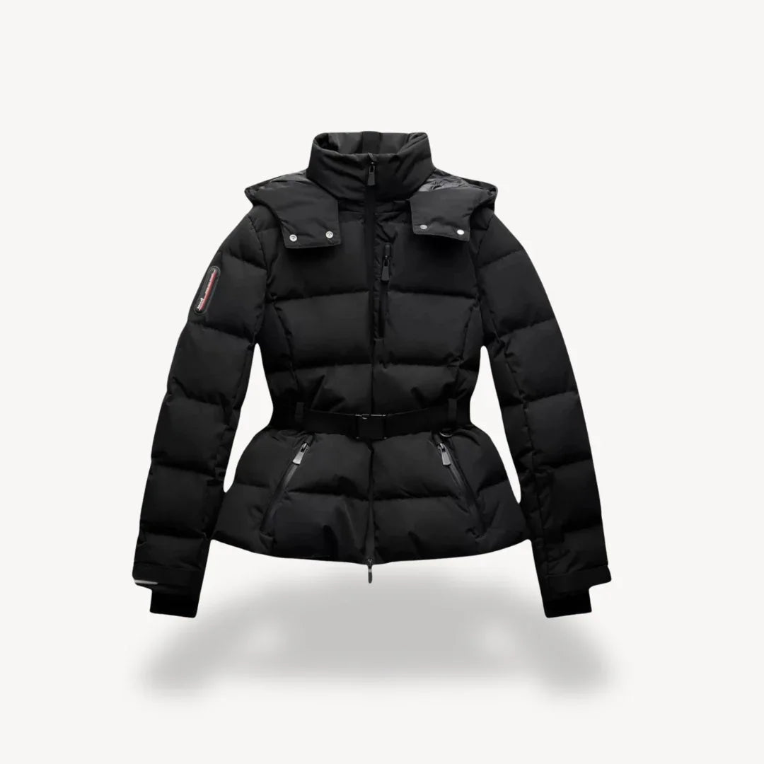 Women's puffer jacket in black, belted hooded fitted waist