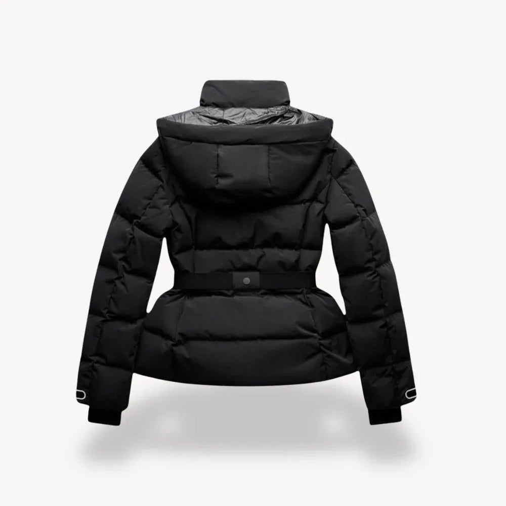 Women's puffer jacket, belted hooded fitted waist, view 1