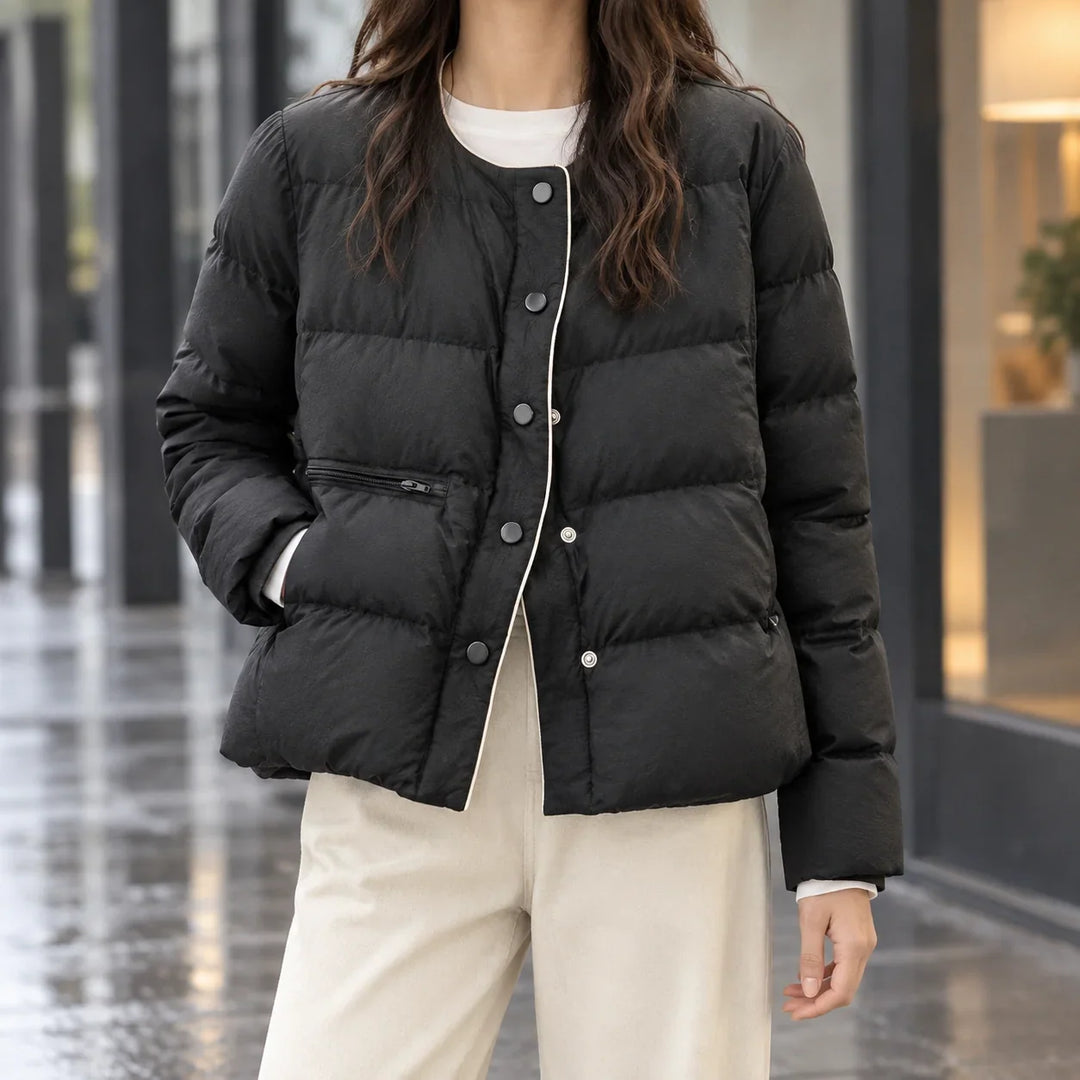 Women's puffer jacket in black, collarless snap button short
