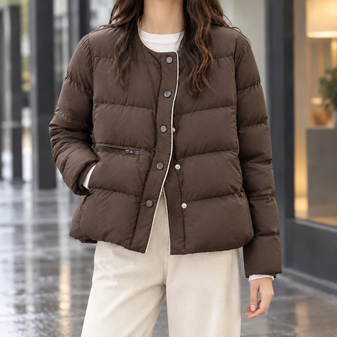 Women's puffer jacket in coffee, collarless snap button short