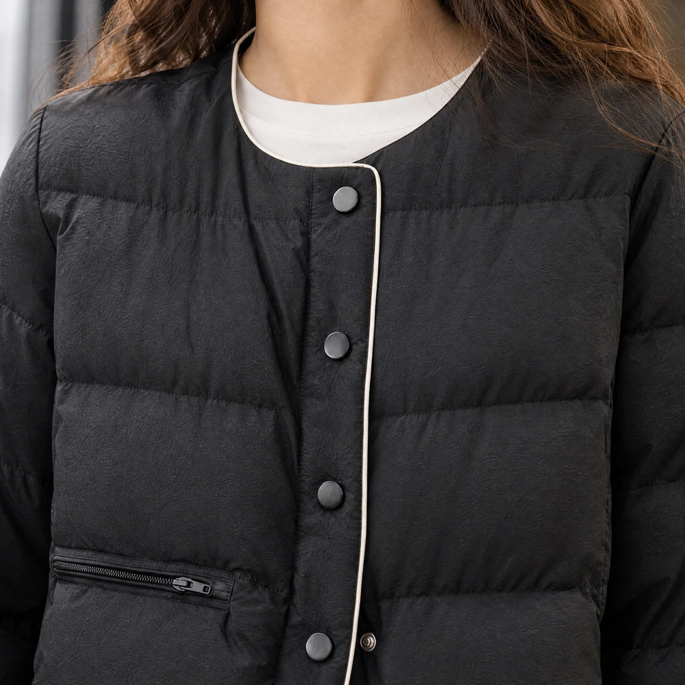 Women's puffer jacket, collarless snap button short, view 1