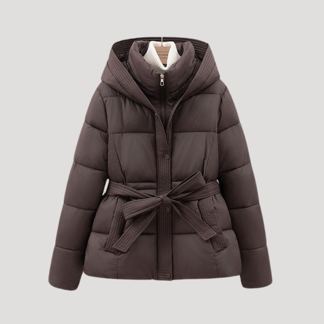 Women's puffer jacket in brown, hooded belted short