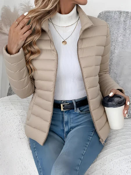 Women's puffer jacket in beige, lightweight stand collar quilted