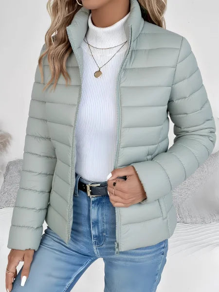 Women's puffer jacket in green, lightweight stand collar quilted