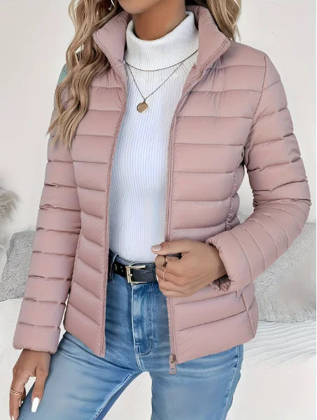 Women's puffer jacket in pink, lightweight stand collar quilted