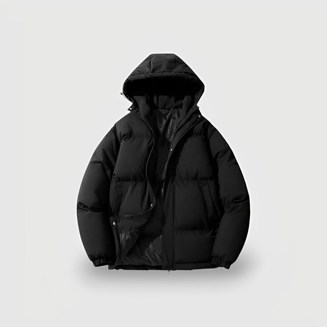Women's puffer jacket in black, oversized hooded short