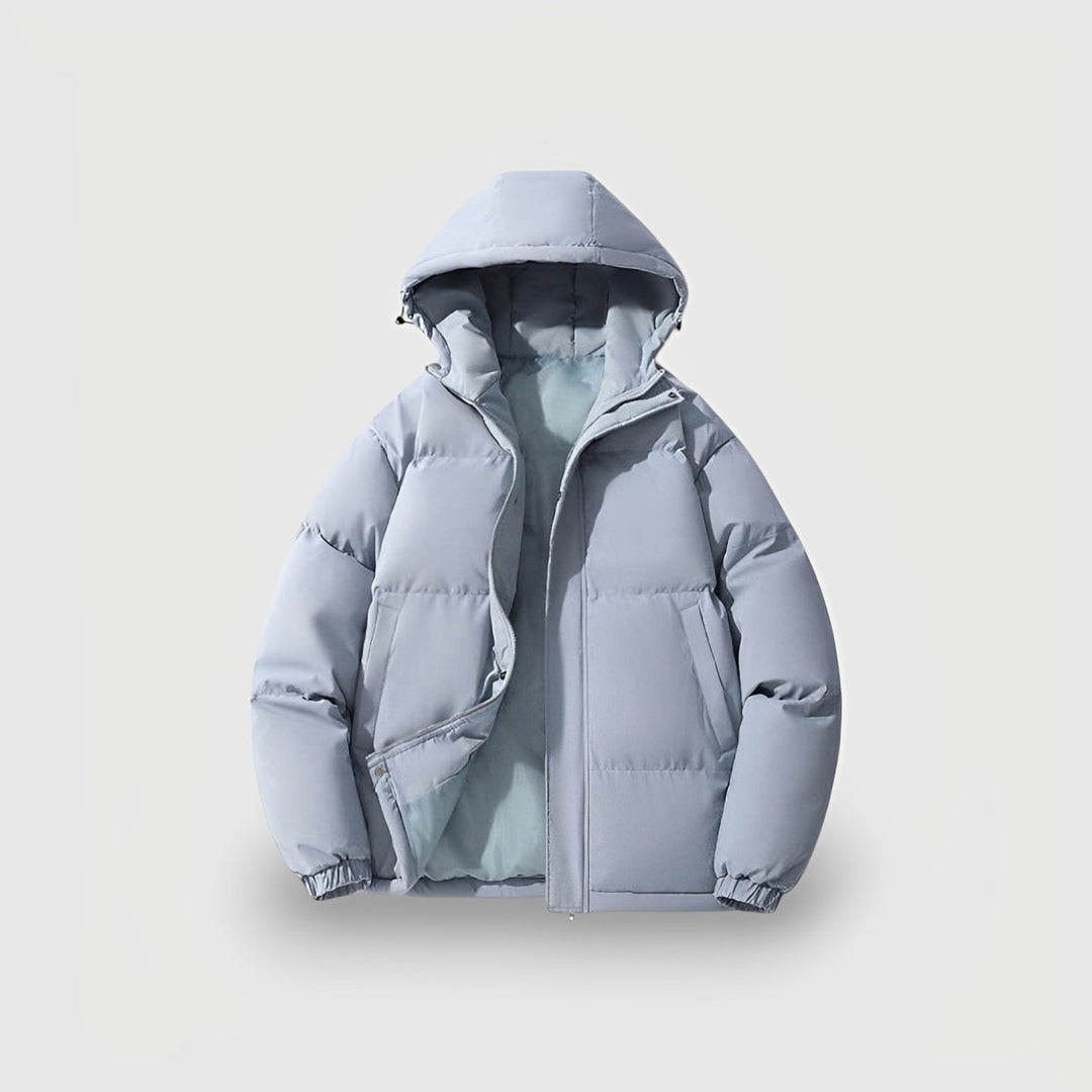 Women's puffer jacket in blue, oversized hooded short