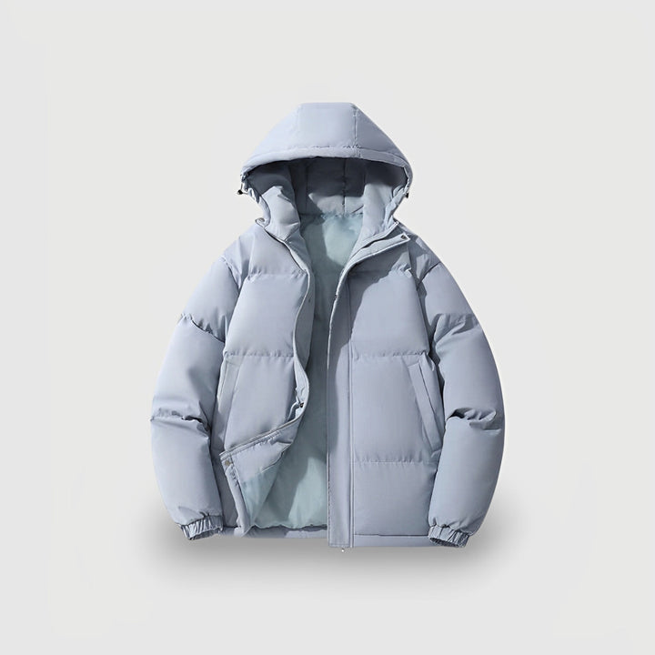 Women's puffer jacket in blue, oversized hooded short