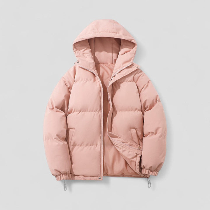 Women's puffer jacket in pink, oversized hooded short