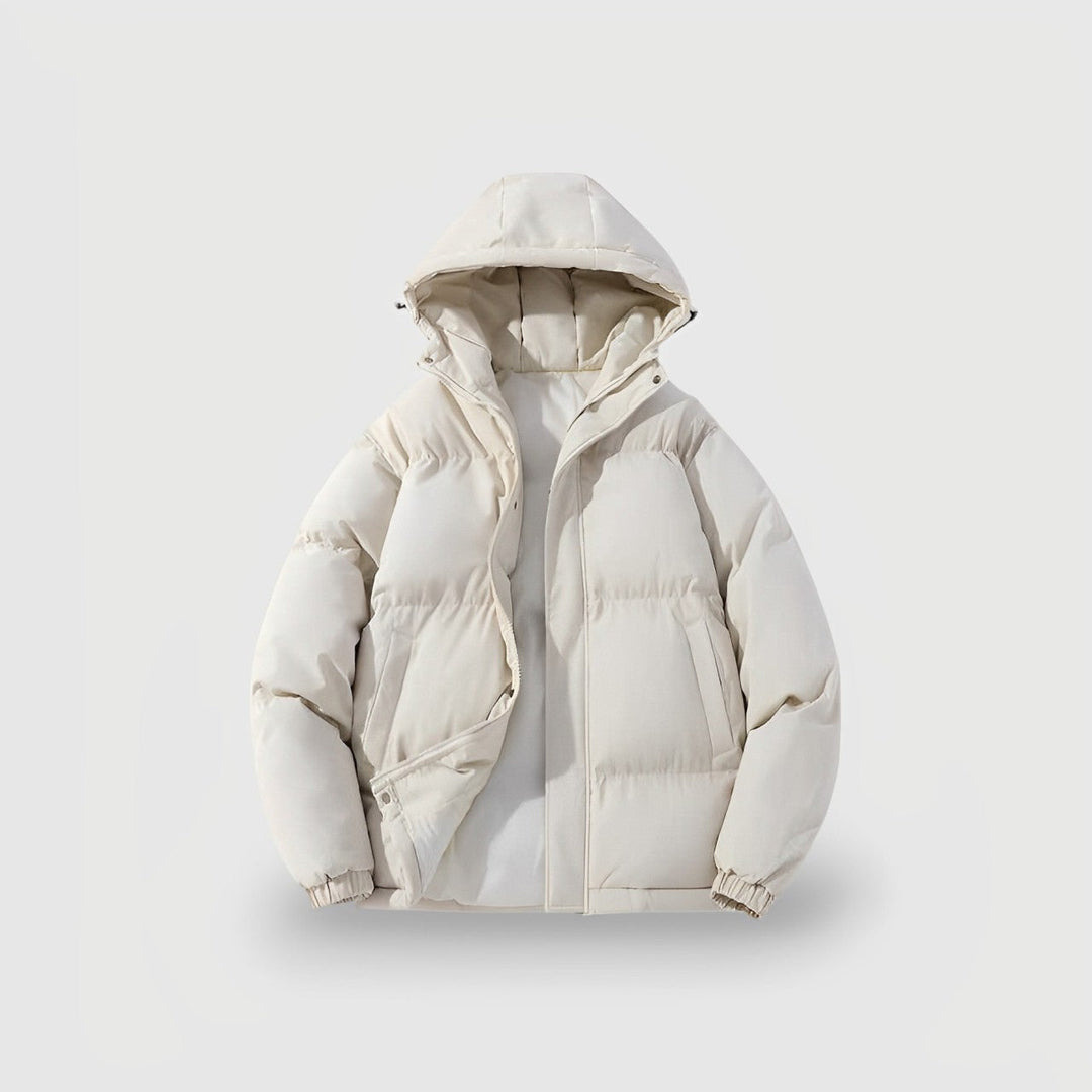 Women's puffer jacket in white, oversized hooded short