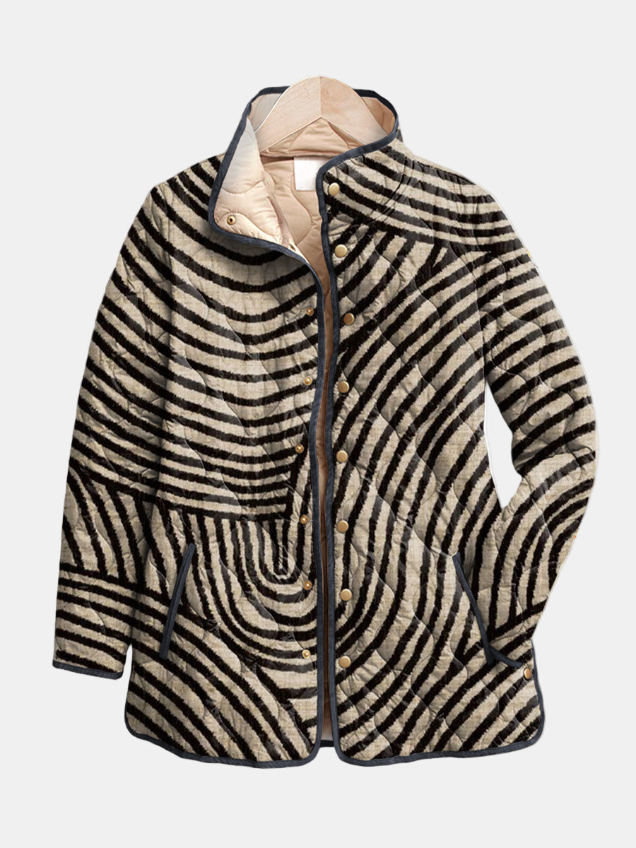 Women's quilted jacket in multicolour, animal print round neck with contrast trim