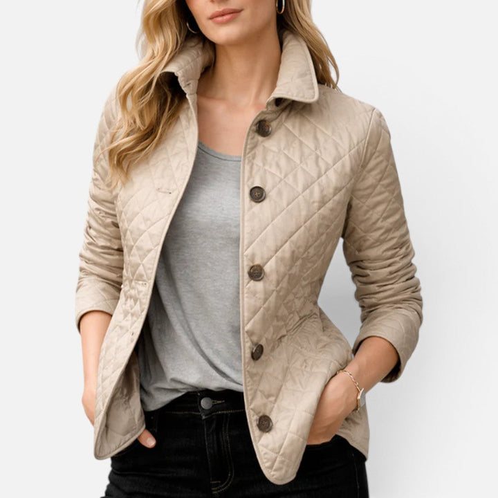 Women's quilted jacket in beige, diamond quilted collared button front