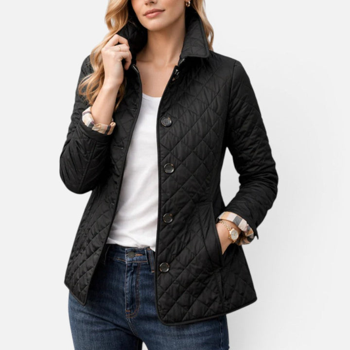 Women's quilted jacket in black, diamond quilted collared button front