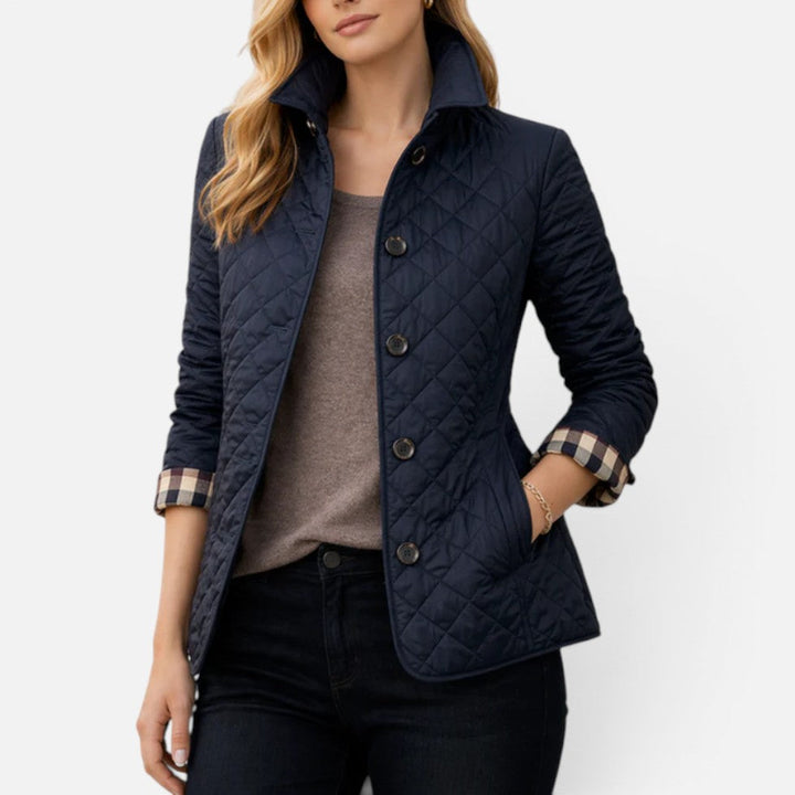 Women's quilted jacket in blue, diamond quilted collared button front