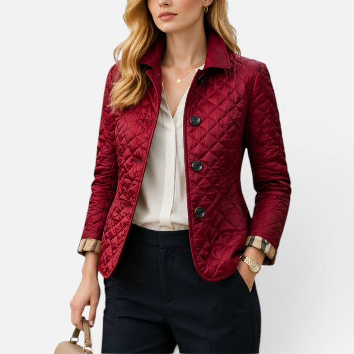 Women's quilted jacket in burgundy, diamond quilted collared button front