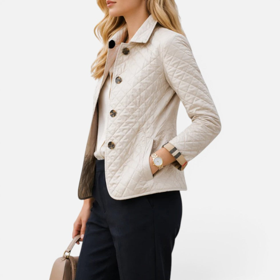 Women's quilted jacket, diamond quilted collared button front, view 1