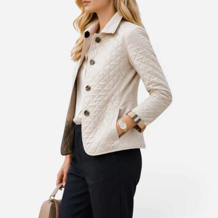 Women's quilted jacket, diamond quilted collared button front, view 1