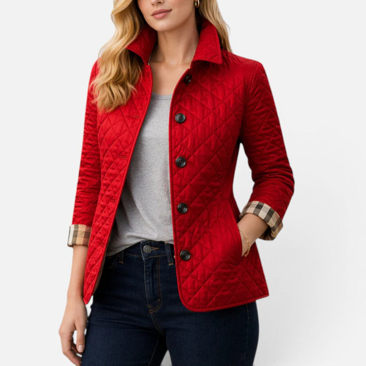 Women's quilted jacket in red orange, diamond quilted collared button front