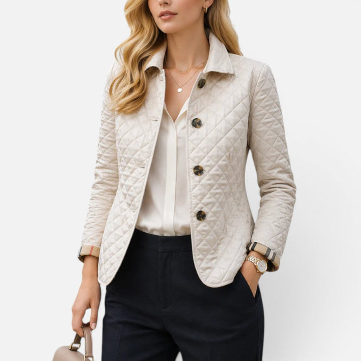 Women's quilted jacket in white, diamond quilted collared button front
