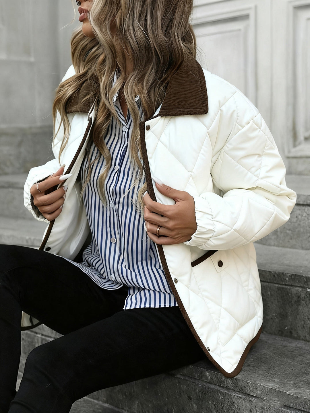 Seated model wearing the cream jacket with dark denim