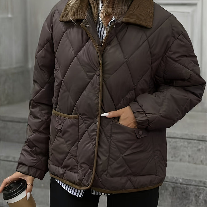 Women's quilted jacket in dark brown, diamond stitch with corduroy collar