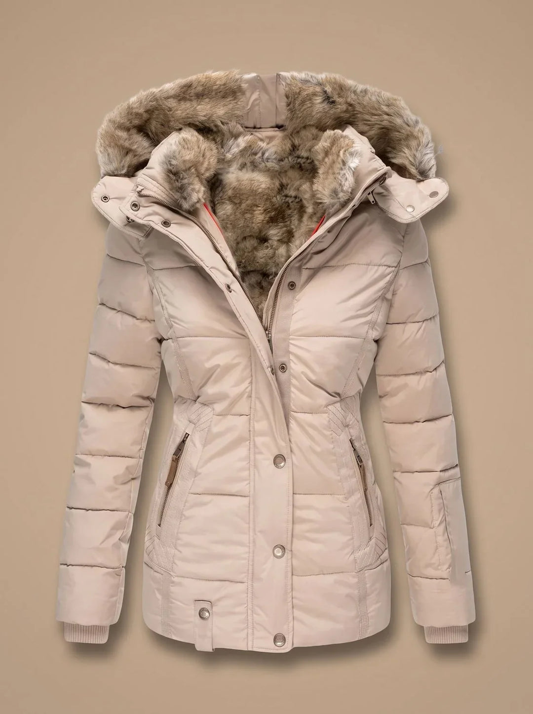Women's puffer coat in beige, faux fur hood winter coat