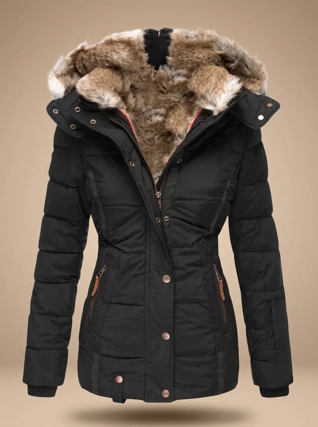Women's puffer coat in black, faux fur hood winter coat
