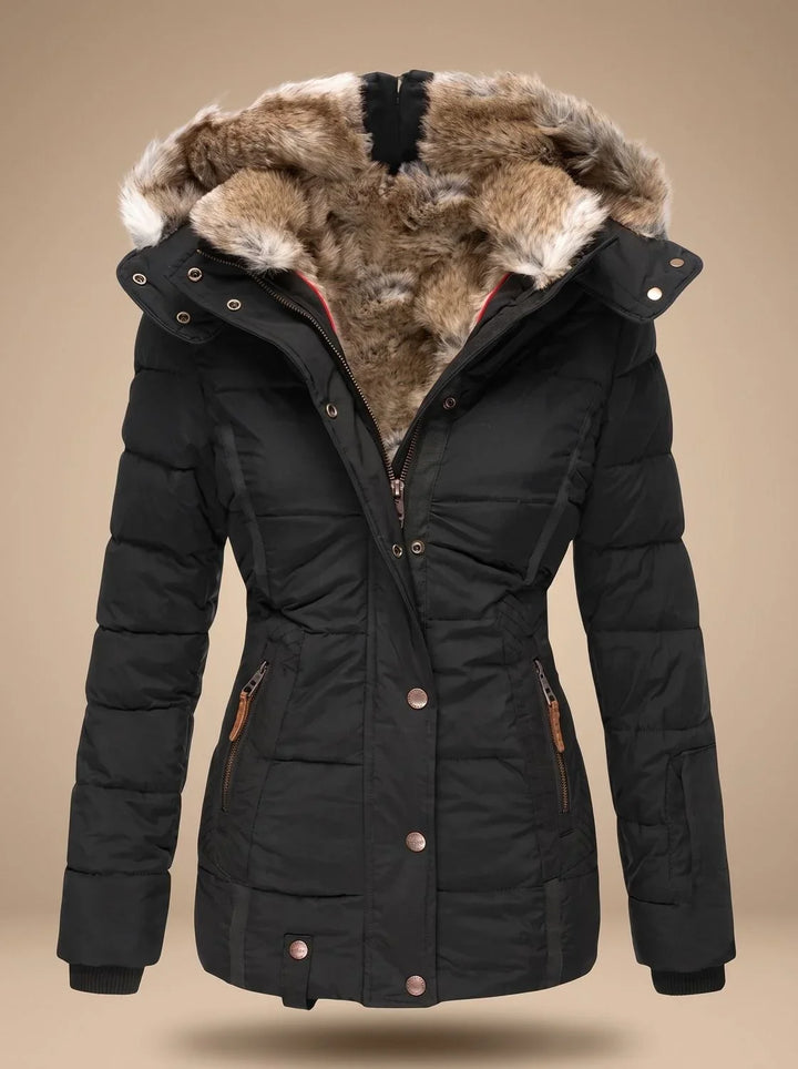 Women's puffer coat in black, faux fur hood winter coat