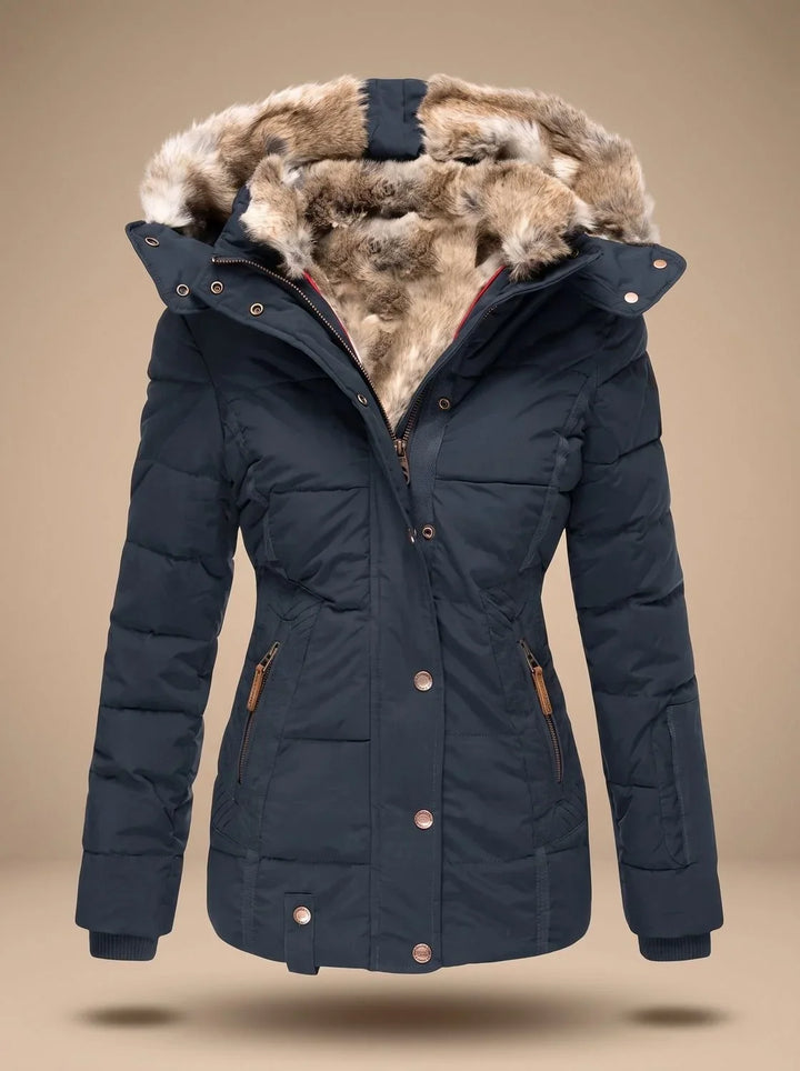 Women's puffer coat in blue, faux fur hood winter coat