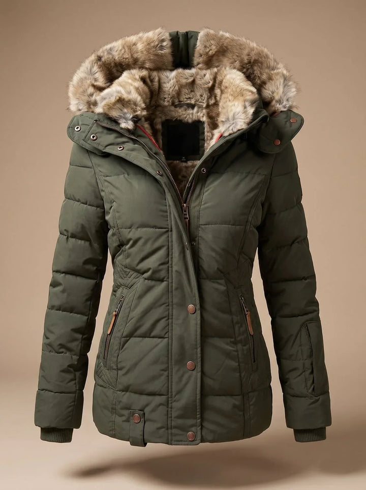 Women's puffer coat in green, faux fur hood winter coat