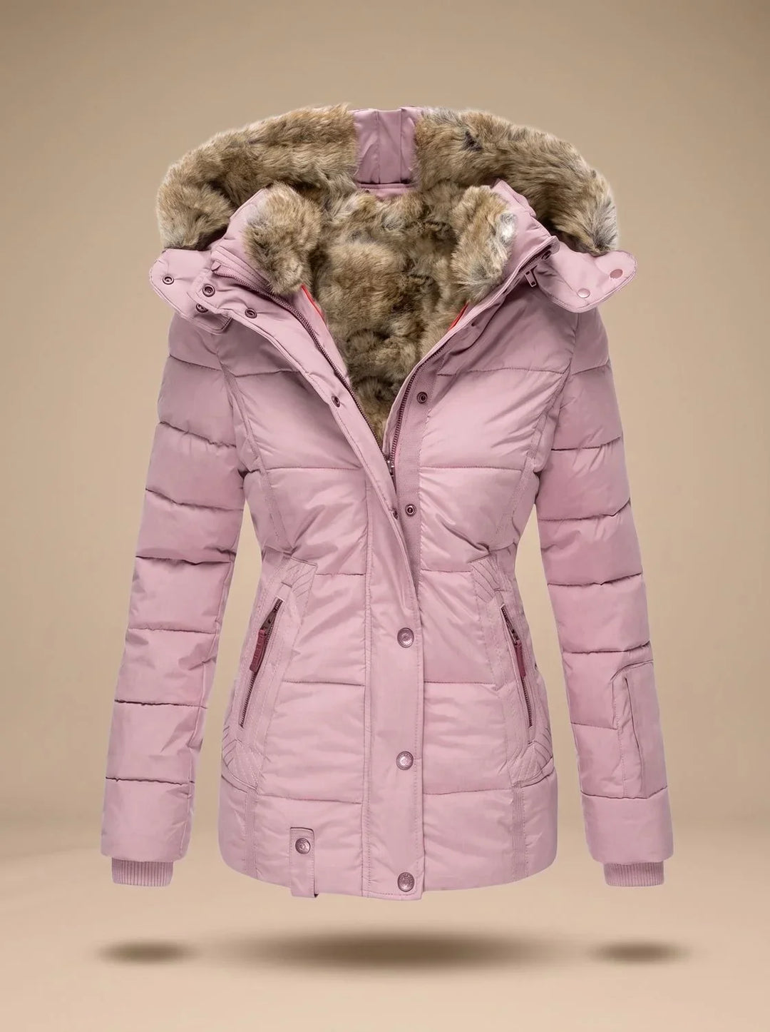 Women's puffer coat in pink, faux fur hood winter coat