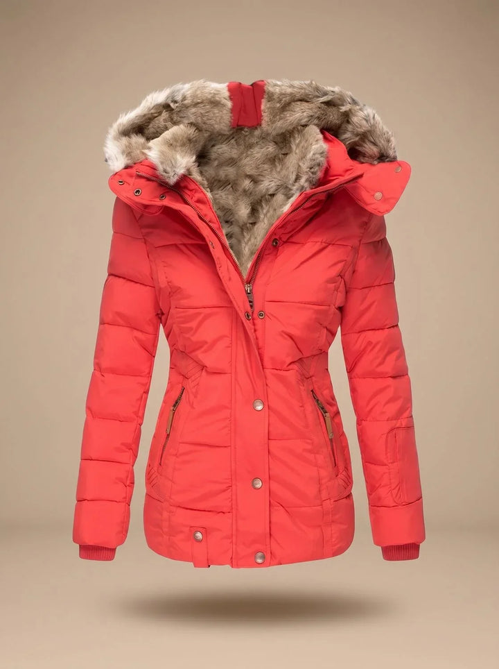 Women's puffer coat in red, faux fur hood winter coat